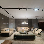 Beige Leather Sofa Set with Natural Marble Inlay, Gold Foil Embossing & Drawstring Craftsmanship